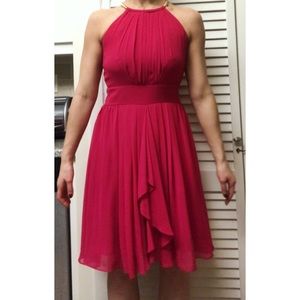 Raspberry colored halter midi dress with gold